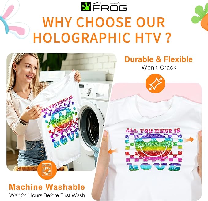 VINYL FROG Rainbow Holographic Heat Transfer Vinyl 12''x5ft Glitter HTV |