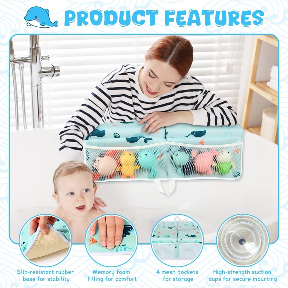 SKEFOLI Baby Bath Kneeler and Elbow Rest Pad Set,1.5" Thick Baby Bath Kneeler Pads with Toys Organizer, Pads to Support The Arm, Essentials, Ideal Kneeling Pad for Bathing