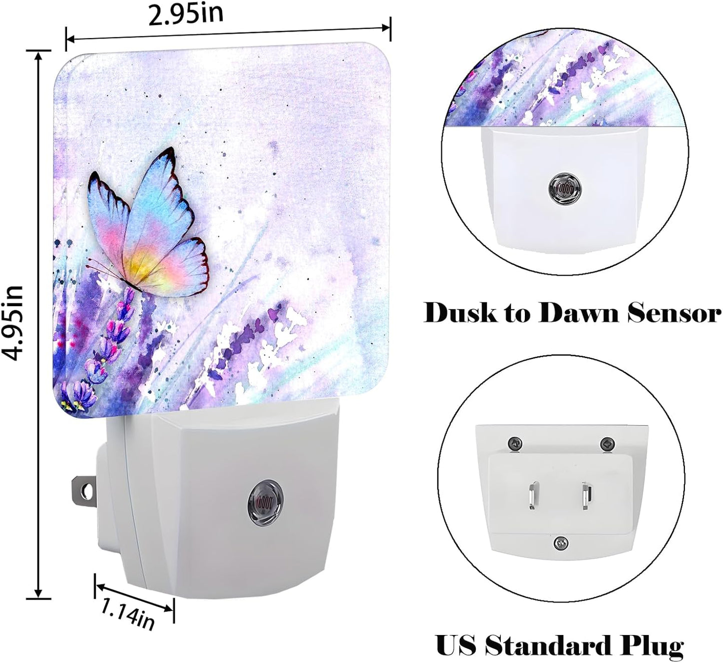 Lavender Butterfly Night Light,Plug-in Nightlights Auto Sensor Night Lamp Dusk-to-Dawn Lamp Home Decor for Nursery Children Girls Boys