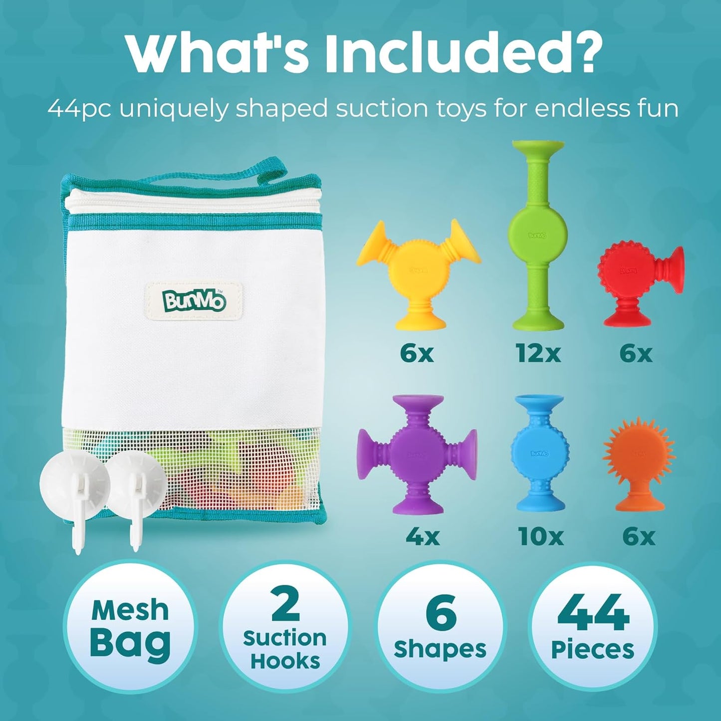 BUNMO Stocking Stuffers for Kids - Toddler Suction Bath Toys - Connect, Build, Create - Toddler Stocking Stuffers - Fine Motor Skills - Stimulating Sensory Fun - Textured 44 Pack