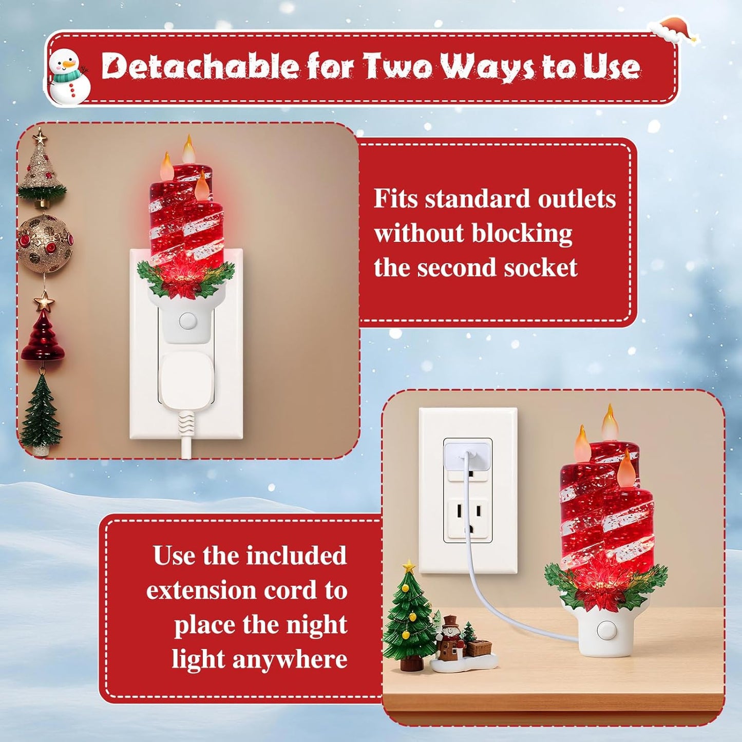 2 Pack Christmas Candle Night Light Plug into Wall Glitter Water Nightlight with USB/Outlet Options, Christmas Decorative Nightlight for Bedroom Kitchen Nursery Holiday Decorations Gifts (Red Candle)