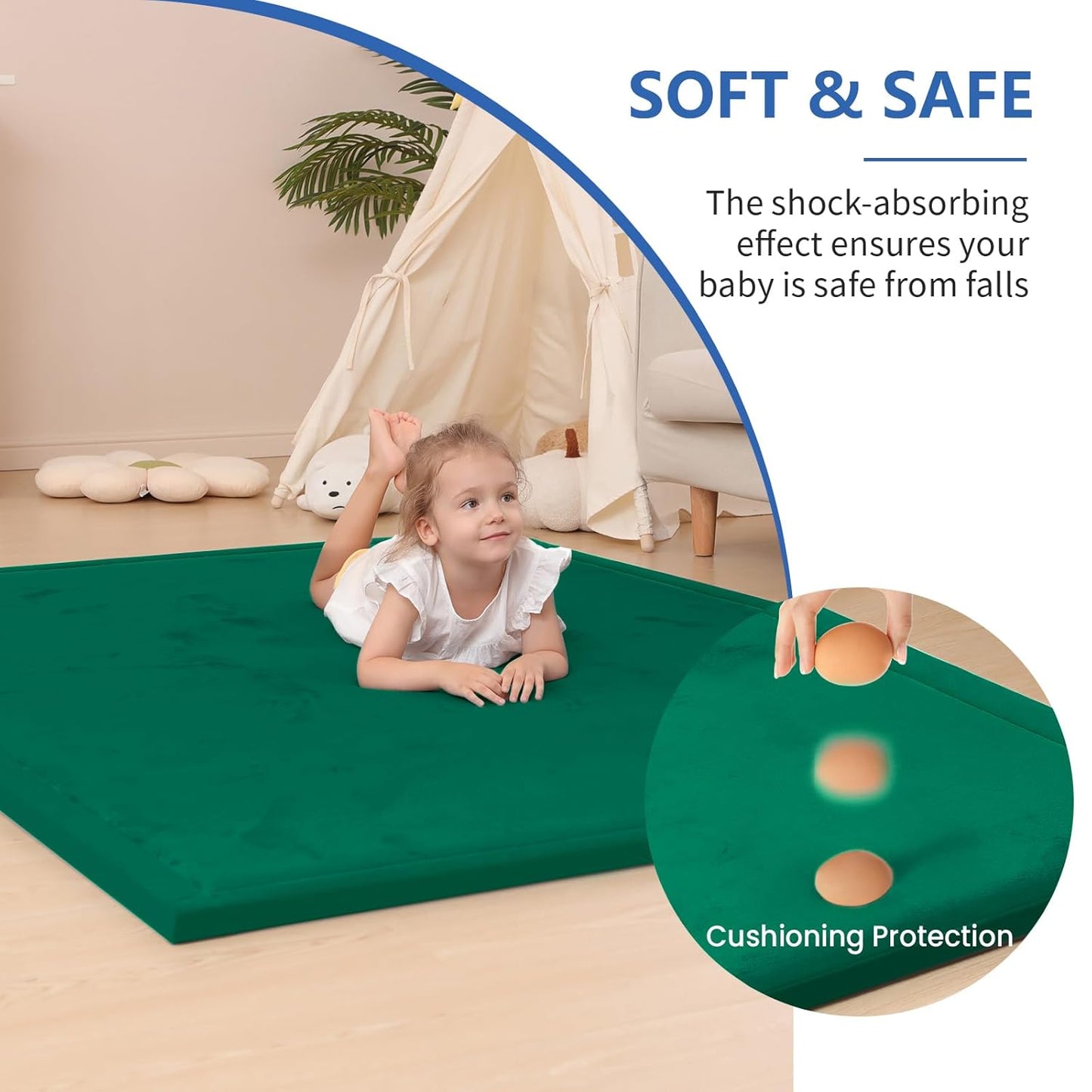 Baby Play Mat for Floor,1.3" Thick Elasti-Foam 50x50 Playpen Mats for Toddlers Infant Kids,Water-Repellent Soft Coral Velvet Tummy Time,Non Slip Crawling Rug,Tatami Mats(Dark Green)