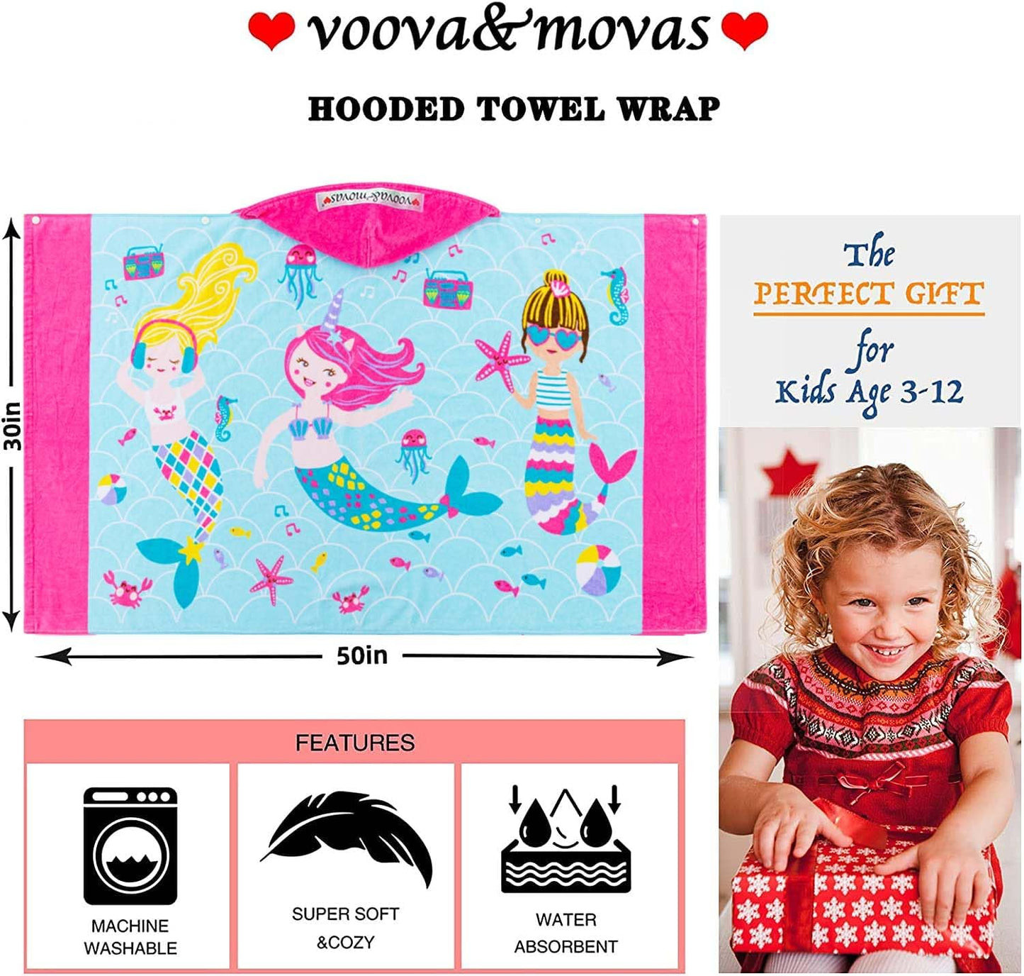 VOOVA & MOVAS Kids Hooded Beach Towel Age 3-10, 30''X50,Soft | Thick | Large | 100% Cotton,Absorbent Beach, Bath, Pool Towels Wrap for Girls, Sea Mermaid