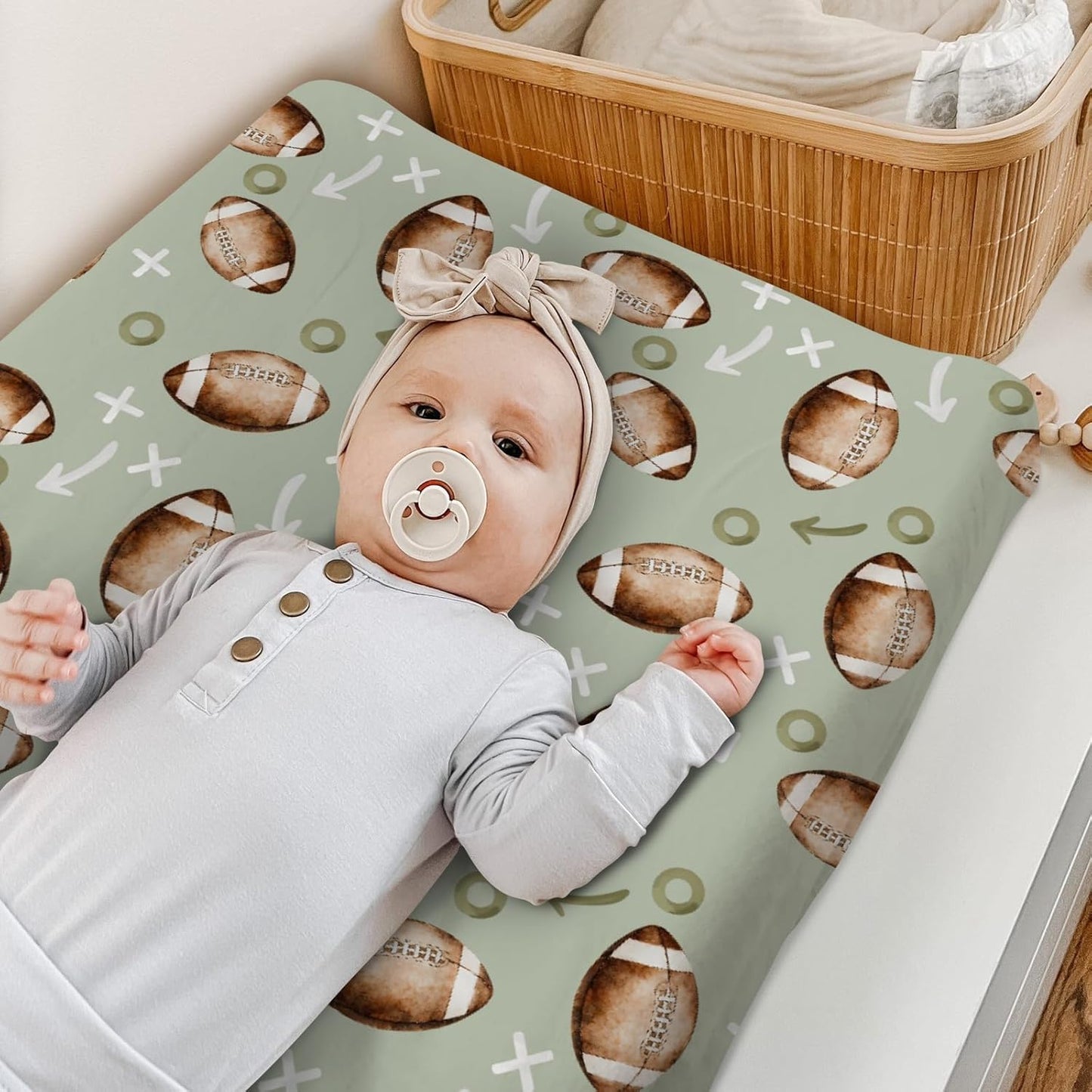 HawSkgFub Football American Sport Changing Pad Cover for Baby Boys, Green Football Game Diaper Change Table Covers, Ultra Soft Stretchy Breathable Safe Snug Fitted Changing Mat Sheet Fit 32"/34" x 16"