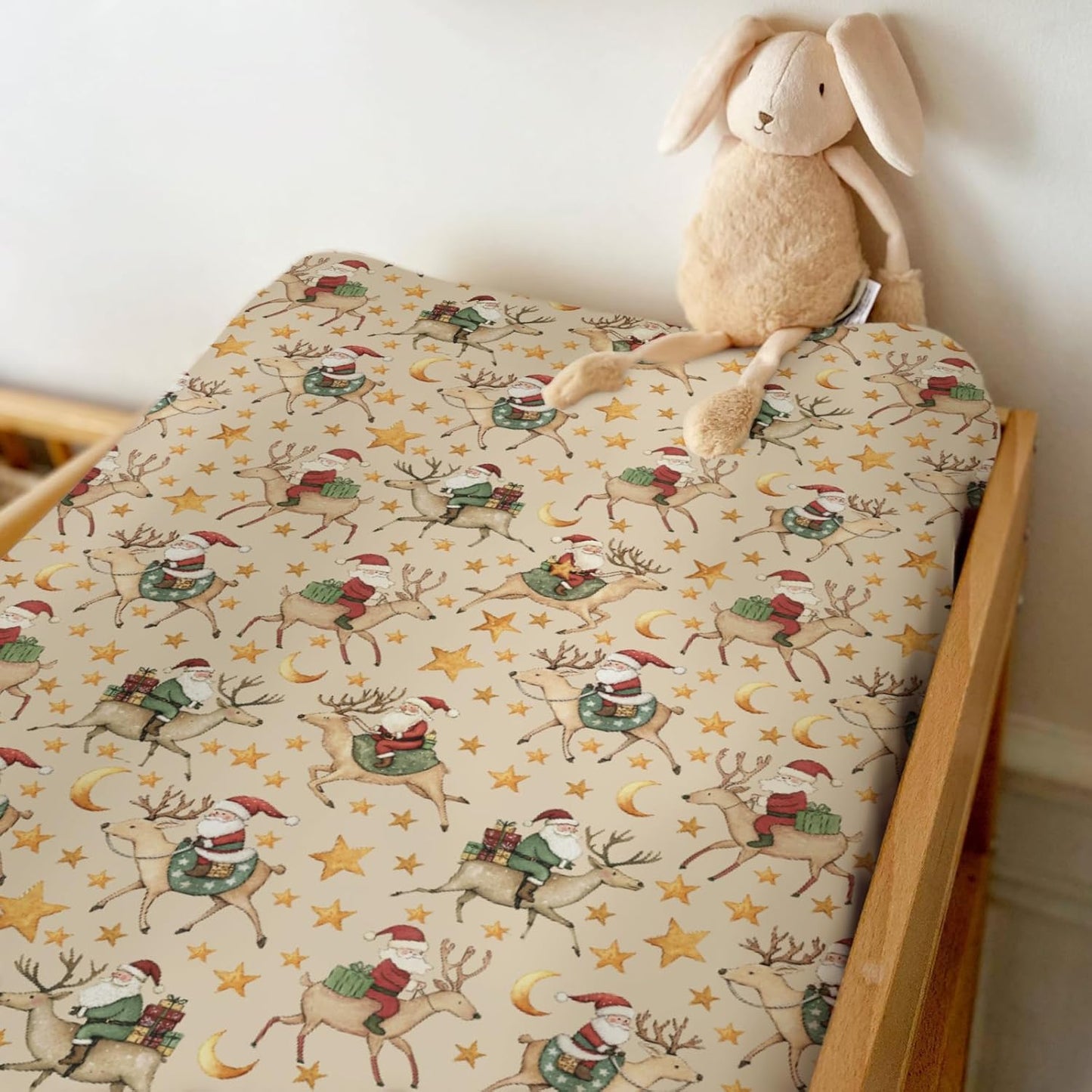 Cute Christmas Santa Claus Reindeer Baby Changing Pad Covers for Boy Girl Vintage Santa Gifts Stars Moon Fitted Changing Table Mats Winter Holiday Festive Soft Diaper Change Table Sheets 32''×16''