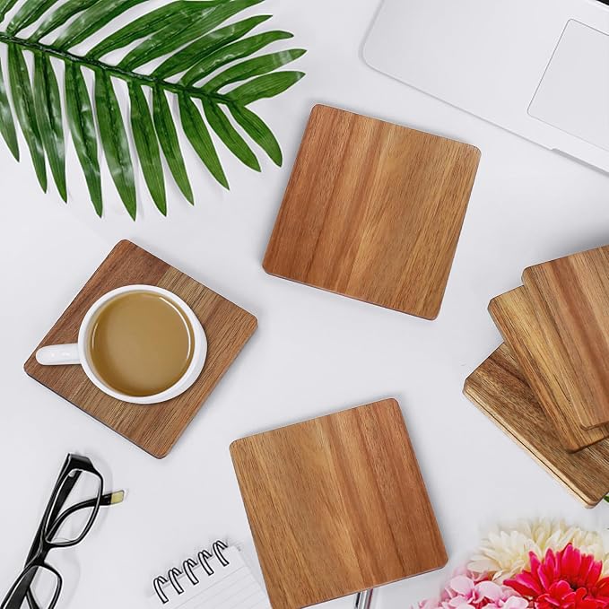 10 Pieces Unfinished Wood Coasters, 4 Inch Square Acacia Wooden Coasters