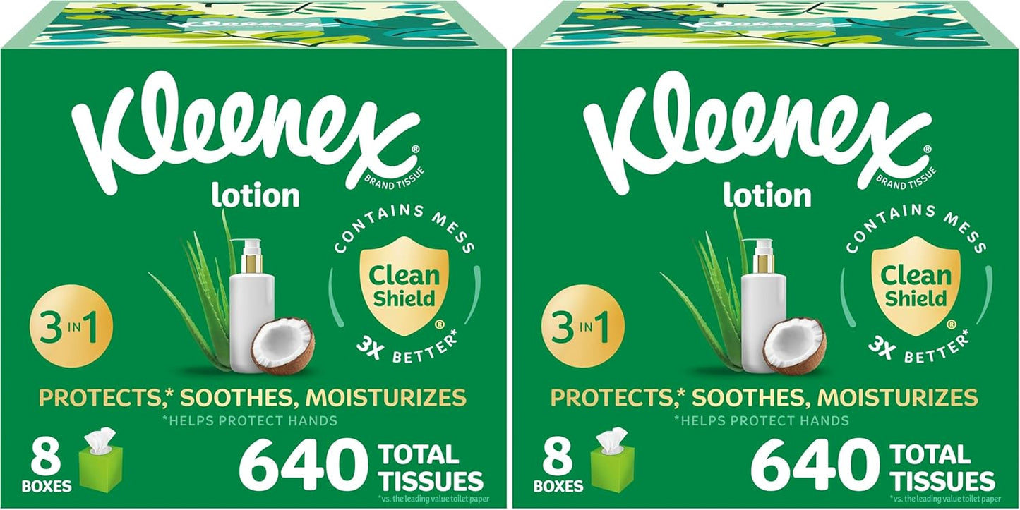 Kleenex Lotion Facial Tissues with Coconut Oil, 8 Cube Boxes, 80 Tissues Per Box, 3-Ply (Pack of 2)