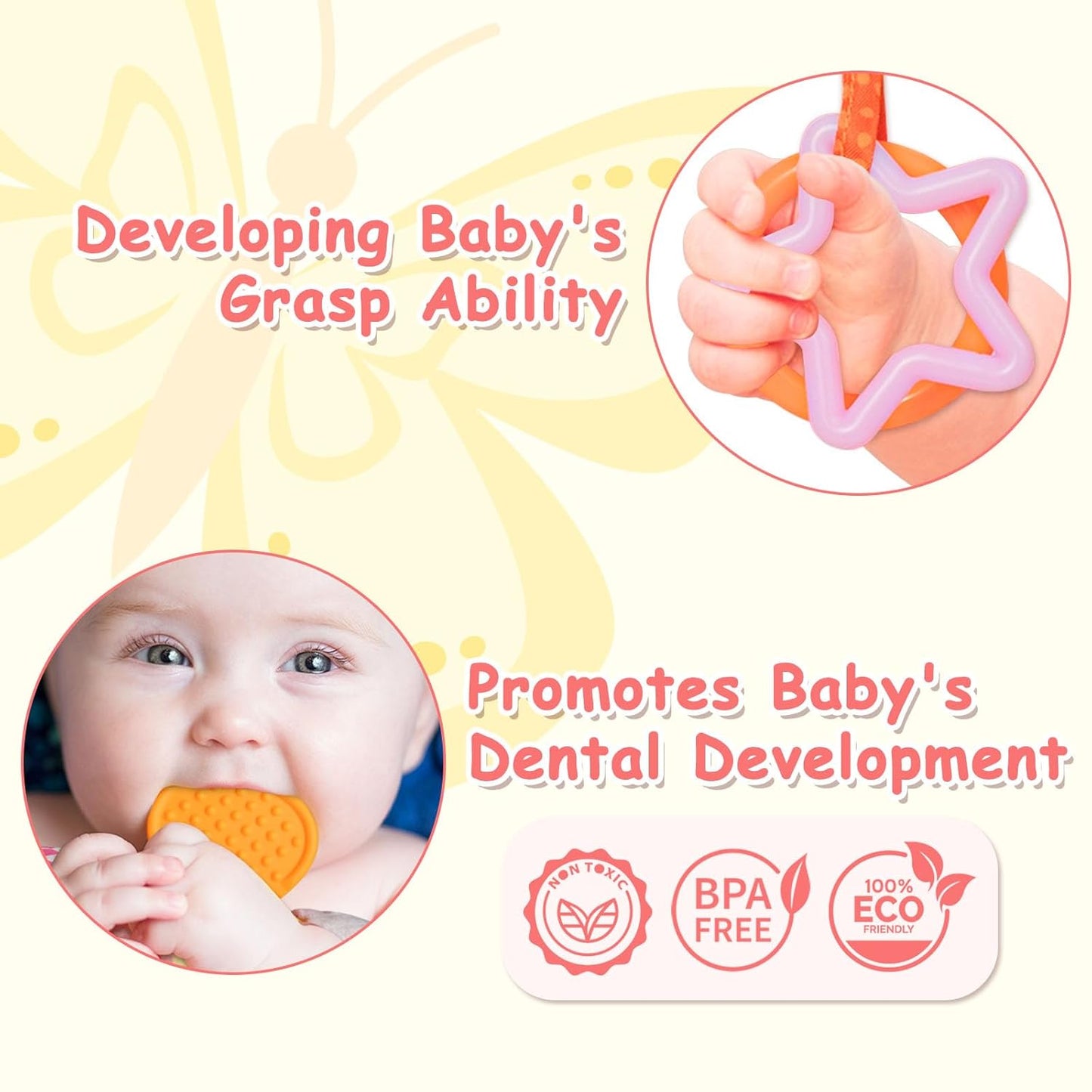 Baby Toys 0-6 Months,Infant Musical Sensory Stuffed Animal with Squeaker,Rattle,Crinkle Wings,Teether & Hanging Ring,Tummy Time Toy for Newborn 0-3-6-12 Months Boys & Girls Gift,Butterfly,Pink