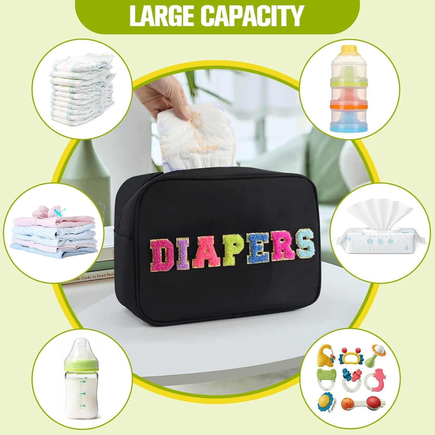 Portable Small Diaper Bag, Chenille Letter Diaper Caddy Organizer Pouch Newborn Baby Essentials Must Haves for Nursery Changing Table, Black Waterproof Diaper Pail Baby Shower Gifts for Mom To Be