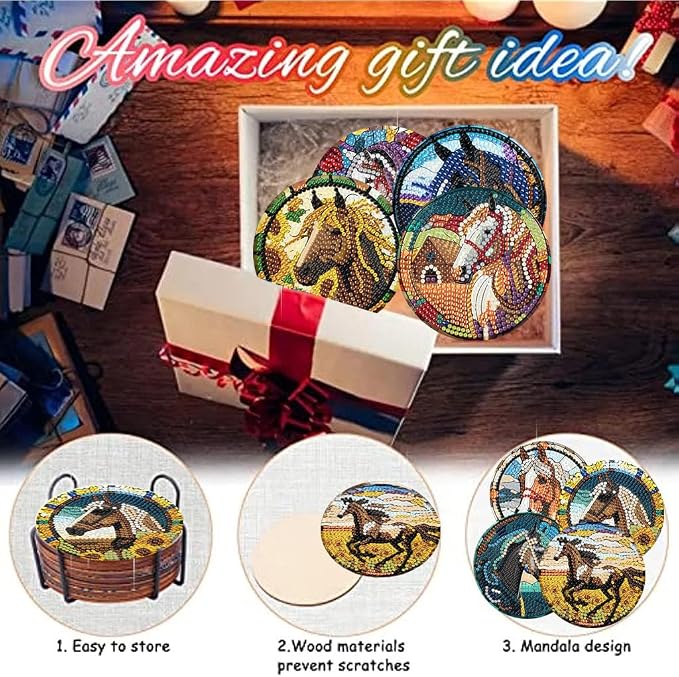 Zythron 8 Pack Diamond Art Coasters, Horse Diamond Painting Coasters Kits |