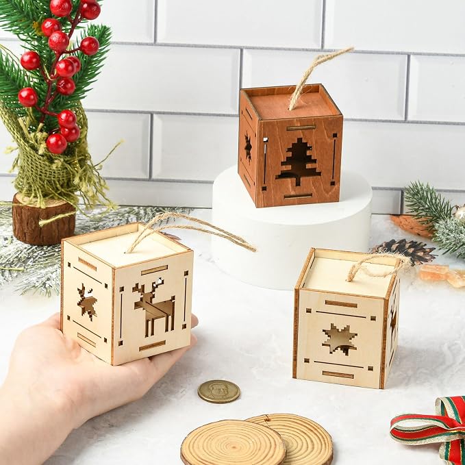6 pcs 2 Styles Christmas Splicing Theme Undyed Wooden Cutout Charms Square