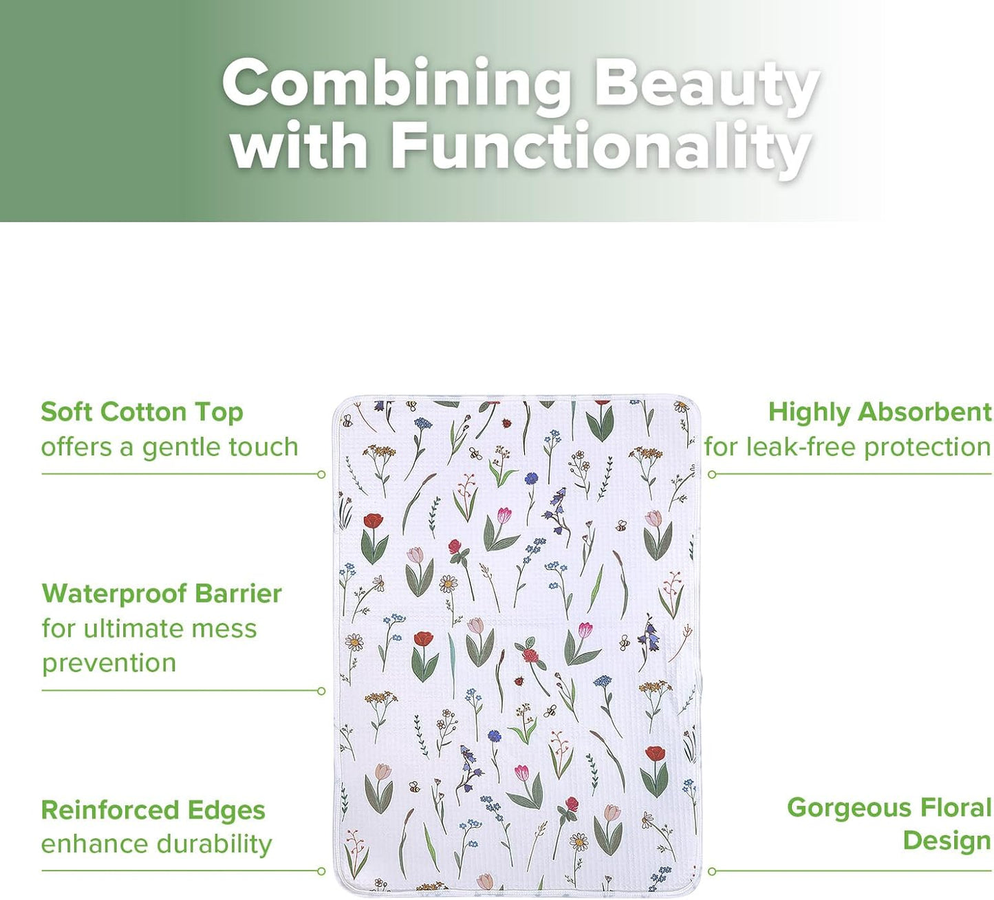haakaa Waterproof Changing Pad Liners, 100% Cotton, Soft & Breathable (1pc, 19.5" x 27.5" Honey Blossom)