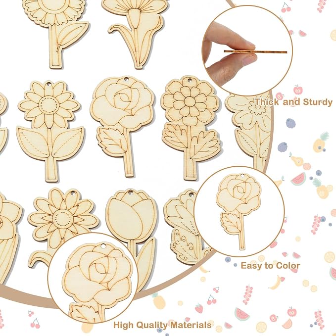 48 Pcs Unfinished Wood Flower Cutouts