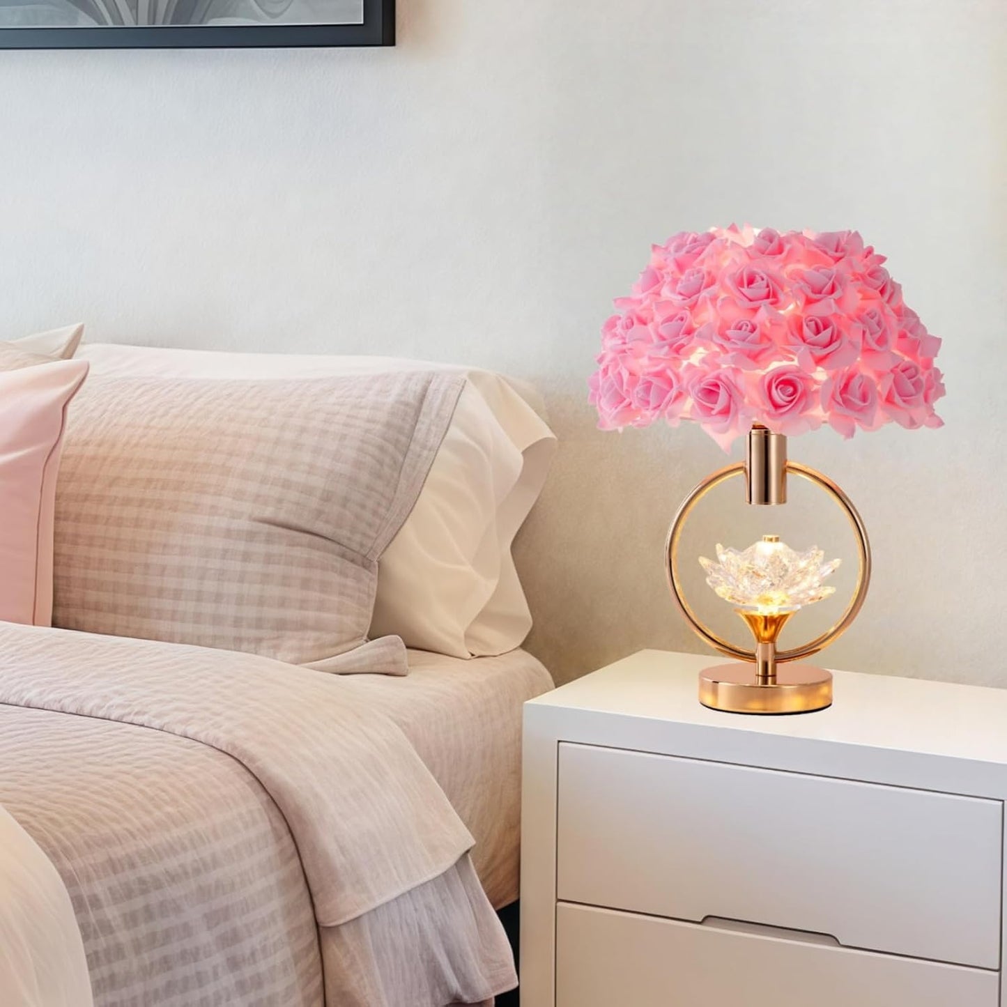 Modern Pink Rose Table Lamp with Crystal Romantic Flower Bedside Lamp Princess Nightstand Lamp Creative Desk Light for Girl Bedroom Living Room Entry Hotel Wedding 17IN