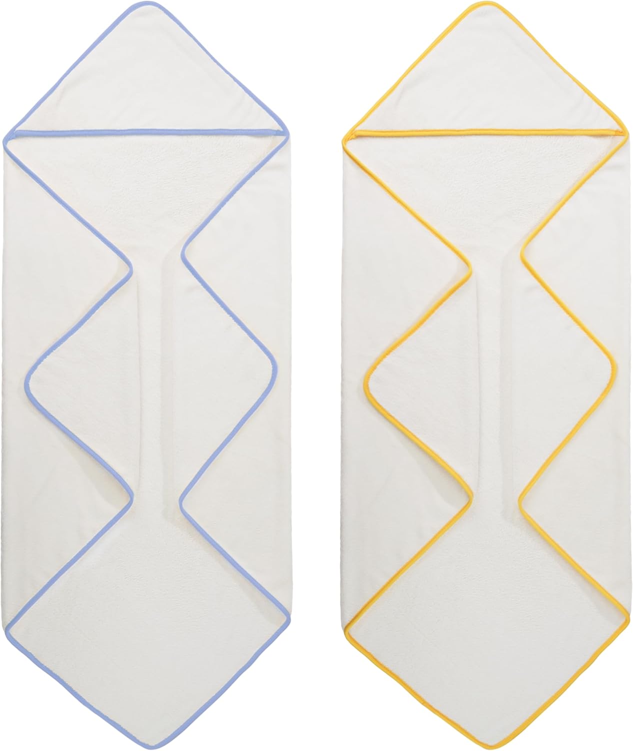 POLYTE Premium Hypoallergenic Microfiber Hooded Baby Bath Towel, 36 x 36 in, 2 Pack (White w/Yellow,Blue Trim)