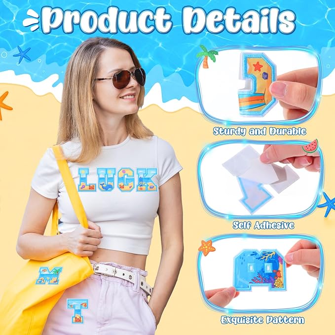 WILLBOND 52 Pcs Beach Alphabet Patches 2.8 Inch Self Adhesive Letter Patches