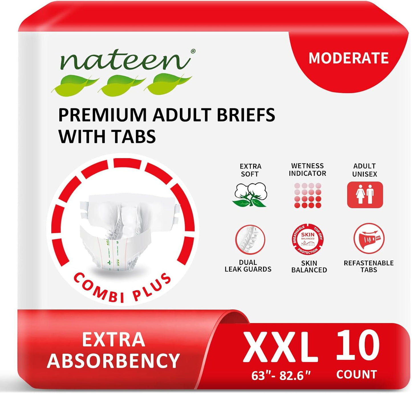 Nateen Combi Plus Adult Diapers with Tabs for Women and Men, Extra Absorbency Disposable Incontinence Briefs, Leakproof and Skin-Friendly Incontinence Underwear.XX-Large, 10Count