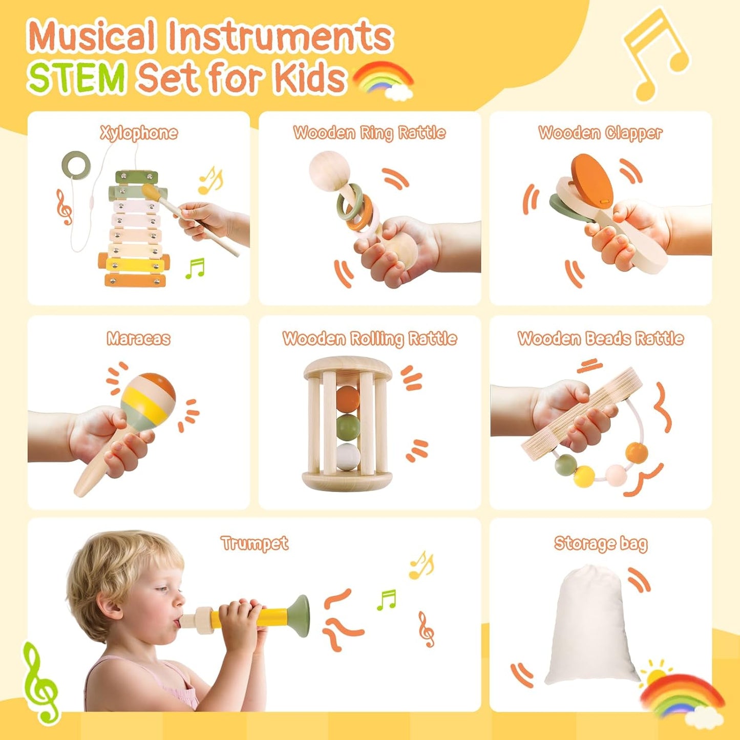 Musical Instruments 7PCS Baby Musical Toys for 18M+ Toddler Boy Girl Toys 2 3 Years Old Wooden Xylophone Maraca Trumpet Rattle, etc. (Storage Bag Included)
