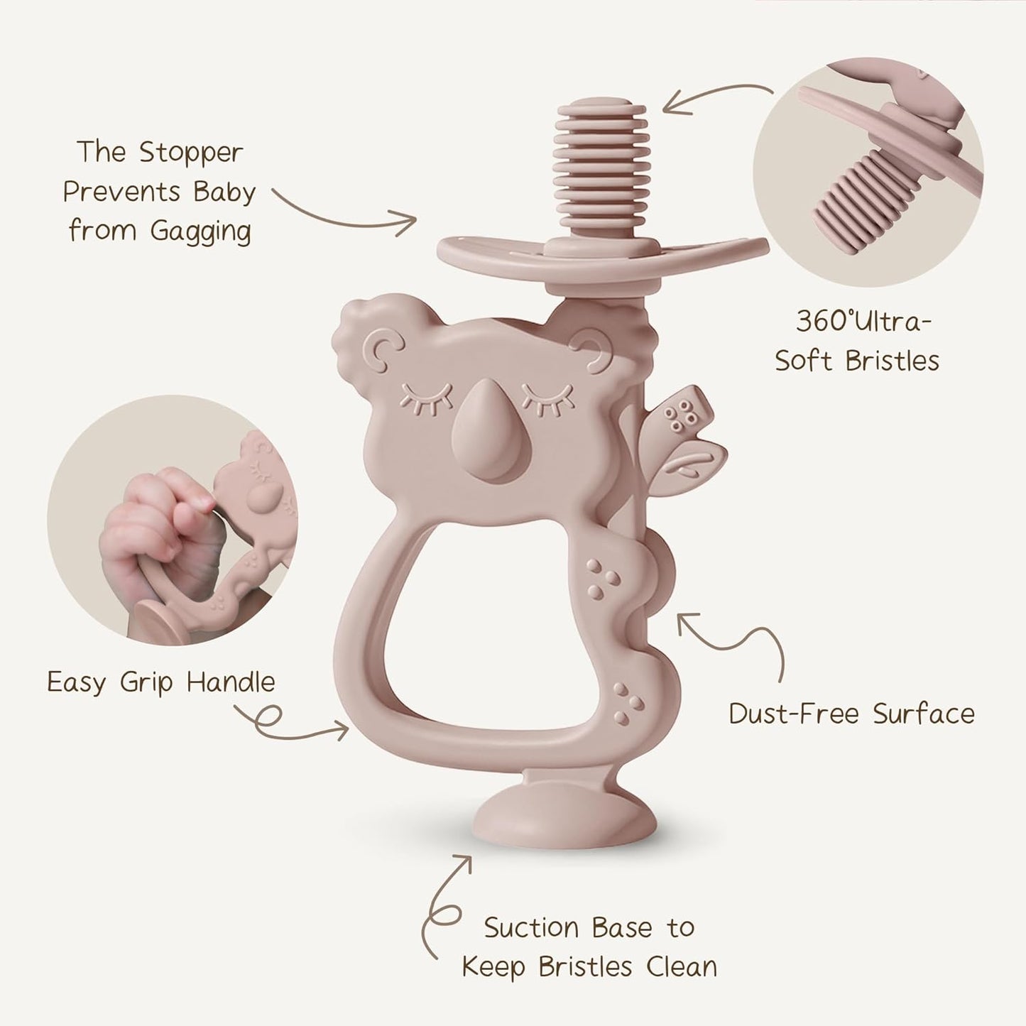 Moonkie Teething Toy Set of 2, Safe & Easy to Hold BPA Free Silicone Teethers, 360° Baby Toothbrush with Suction Base, Teether Toys Best for Babies 6-12 Months (Koala Blush/Shifting Sand)