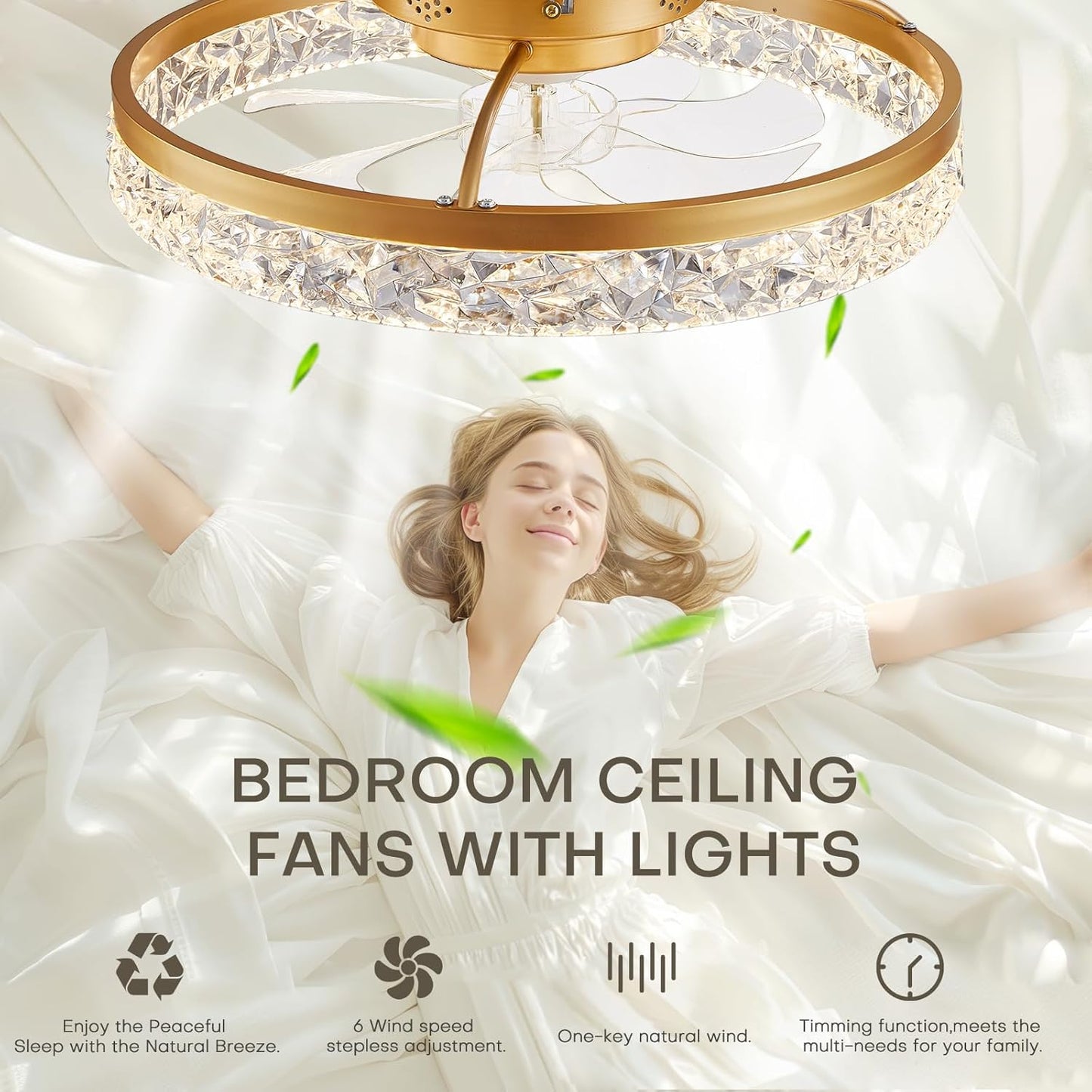 STERREN 19.7'' Crystal Ceiling Fans with Lights and Remote, Modern Low Profile LED Ceiling Fan, Dimmable Flush Mount Fan Light, Gold Fandelier with Color Temperature Change 6 Speeds
