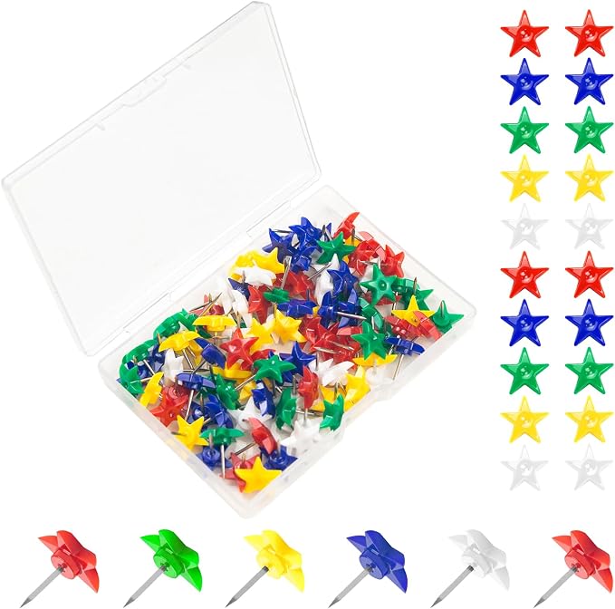 ELANE 100 Pcs Star Thumb Tacks for Wall Hangings, Flat Thumb Tacks and Push Pins