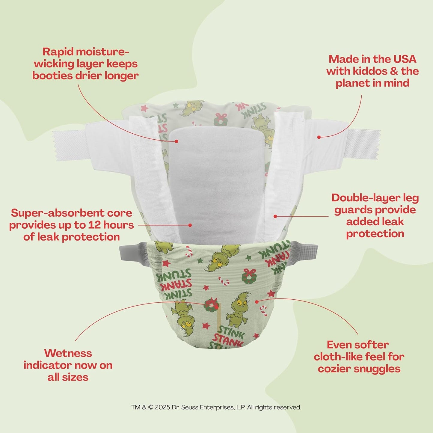 Hello Bello Dr. Seuss Baby Grinch Premium Diapers, Size 3 (14-24 lbs), 66ct Plus Bonus Wipes: Softness & Protection for Sensitive Skin