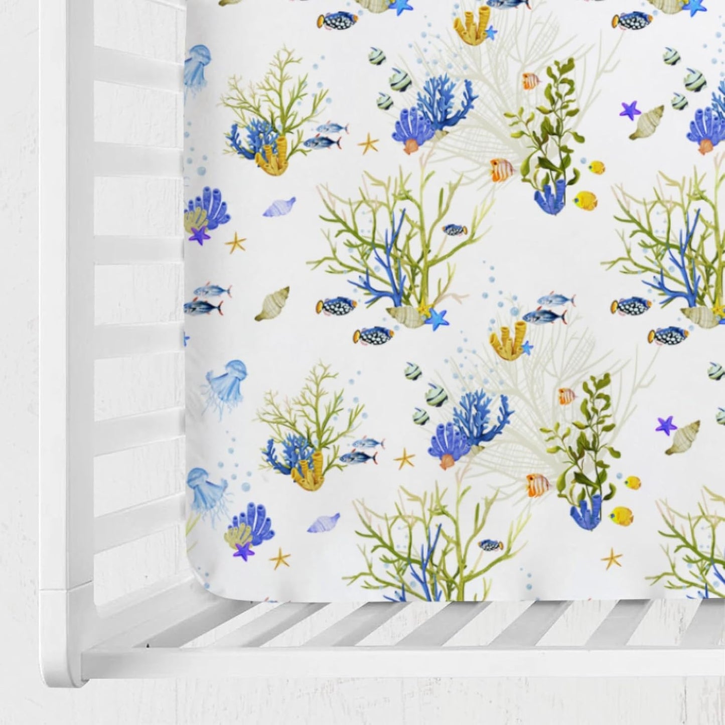 Colorful Undersea Fishes Jellyfish Sea Weeds Baby Crib Sheet 52''x28'' Nautical Life Fitted Crib Mattress Cover for Boy Girl Nursery Toddler Bed Sheets for Standard Crib and Toddler Mattresses
