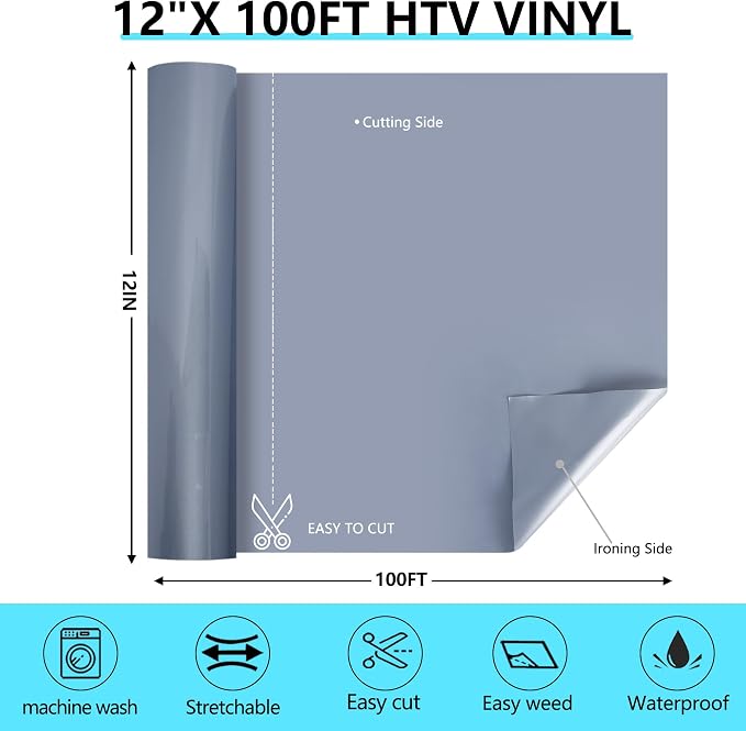 HTVVETUR Gray Iron on Vinyl Roll 12" x 100ft, HTV Heat Transfer Vinyl, Easy Cut