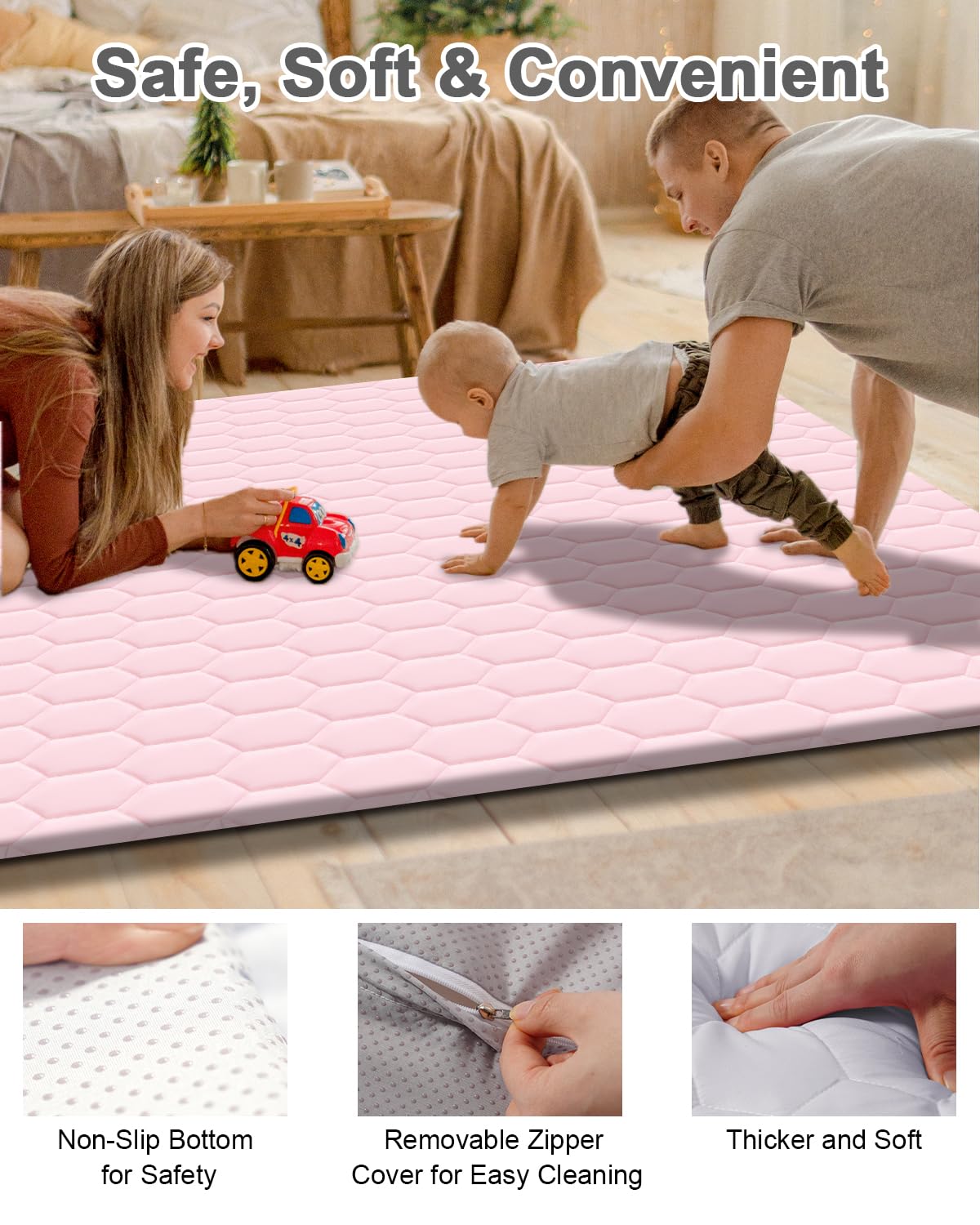 Premium Foam Baby Play Mat 50" x 50" with Removable Cover, Extra Thick Padding Playpen Mat, Non-Slip Floor Mat, Stylish & Easy to Clean for Crawling Baby, Infants & Toddlers, Pink