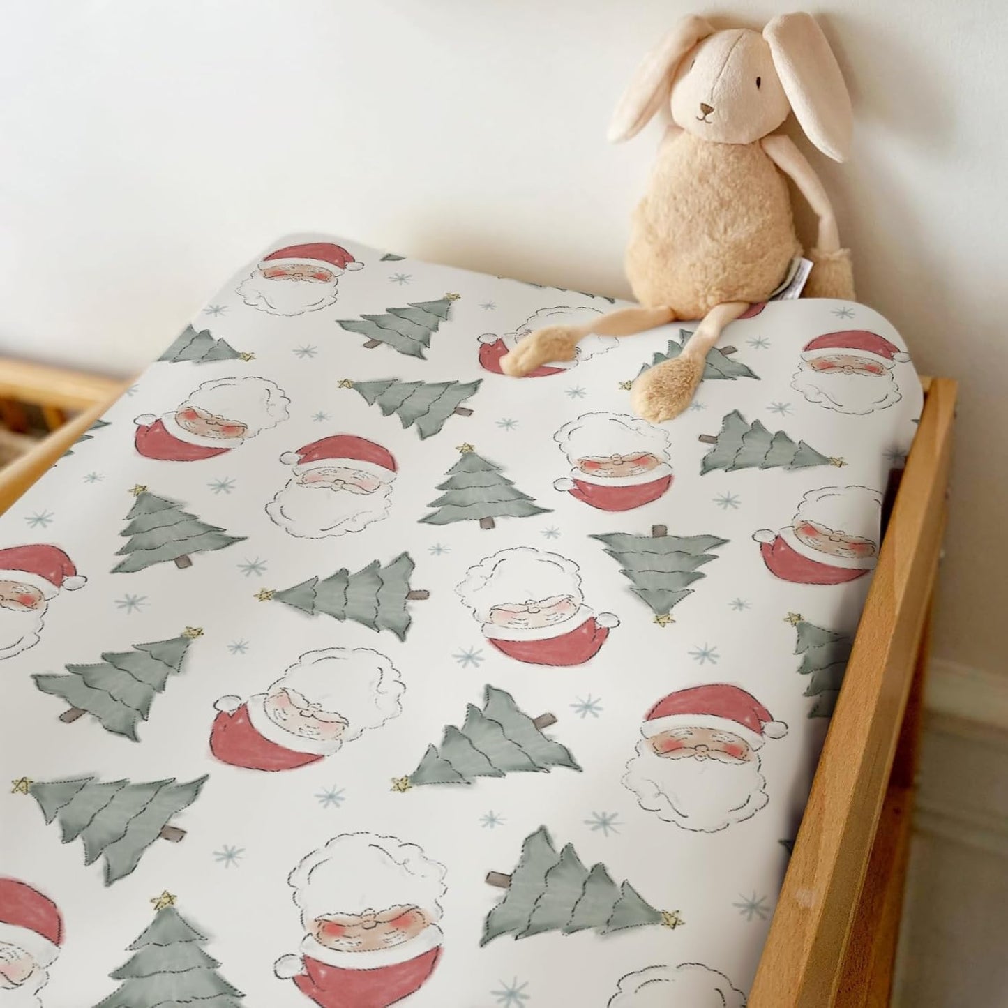 Pastel Santa Christmas Trees Baby Changing Pad Covers for Boy Girl Red Santa Claus Snowflakes Fitted Changing Table Cover Mats Winter Holiday Festive Soft Diaper Change Table Cover Sheets 32''×16''