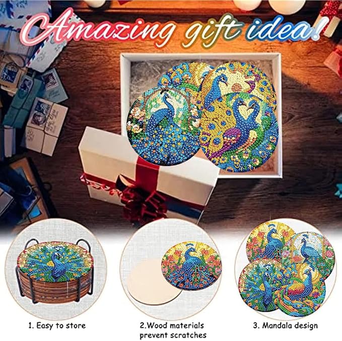 8 Pack Diamond Art Coasters, Peacock animals Diamond Painting Coasters Kits |