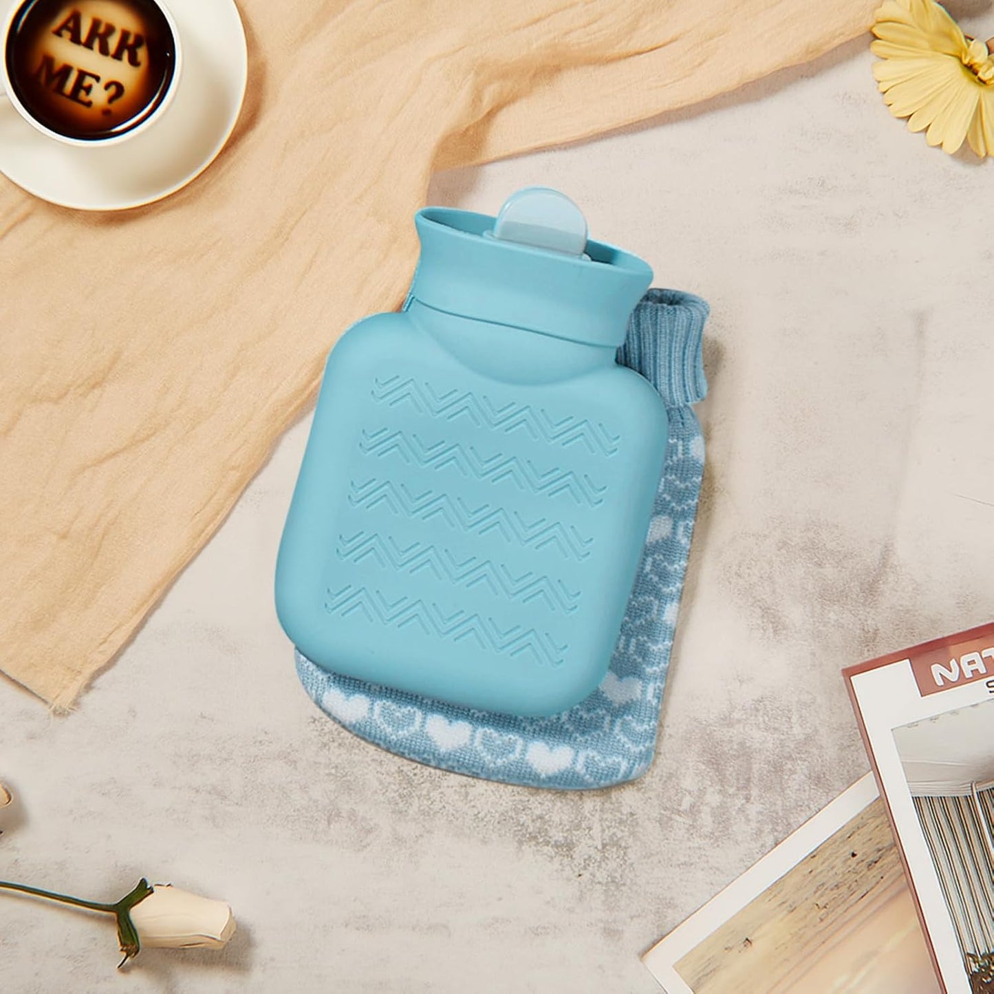 Amylove Mini Hot Water Bottle 320ml for Hot & Cold Compress with Cover Silicone Microwave Heating Small Water Bag for Travel Pain Relief Holiday Gifts(Blue)