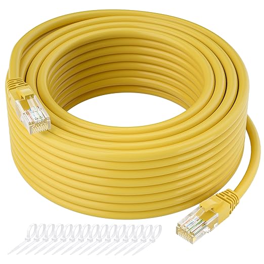 Cat5e Ethernet Cable 150 FT, Long Cat 5e Internet Cable, Yellow Snagless Patch Cord, Flexible, Network, LAN, PoE, Standard RJ45 Connector for PC, Server, Router, Modem, TV, PS5 - with 15 Cable Ties