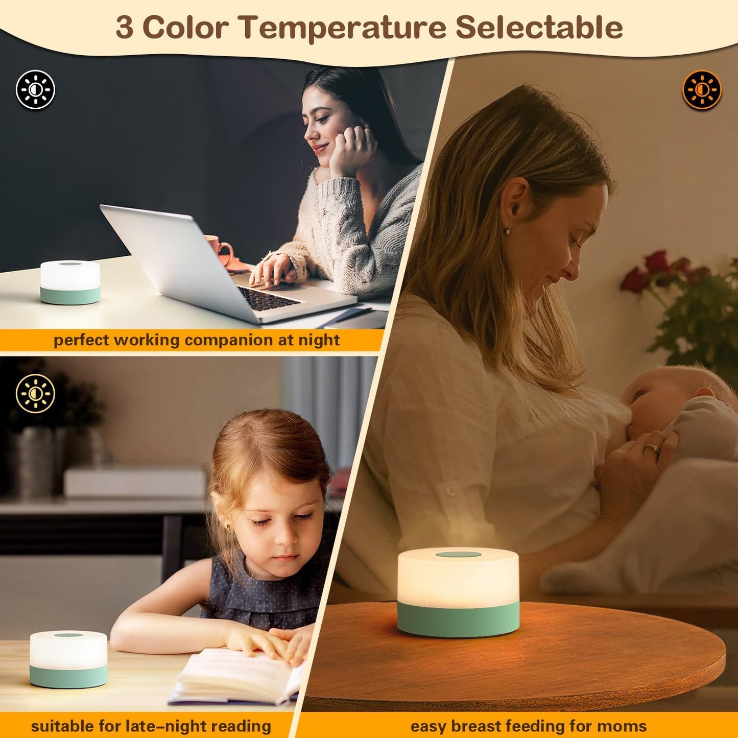 JUSHENG Rechargeable Baby Night Light LED Nursery Lamp Touch Lights, Dimmable and 3 Color Temperature Adjustable Bedside Night Light for Kids, Breastfeeding, Green