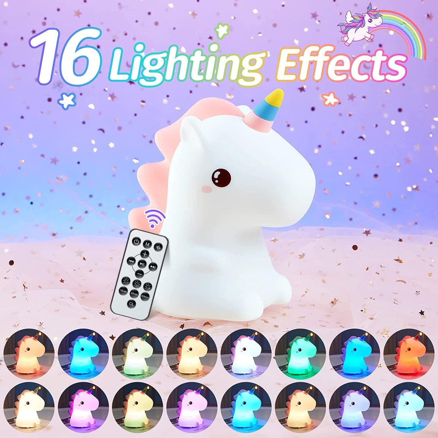 Unicorn Baby Sound Machine with Light, 16 Colors+Silicone Sleep Sound Machine for Kids Night Light, 10 White Noise Baby Night Light for Kids with Music, Remote+Timer+Rechargeable Nightlight [Gifts]