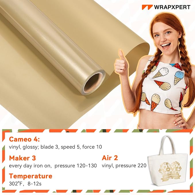 WRAPXPERT Gold Iron on Vinyl, Light Gold Heat Transfer Vinyl 12''x5ft Champagne
