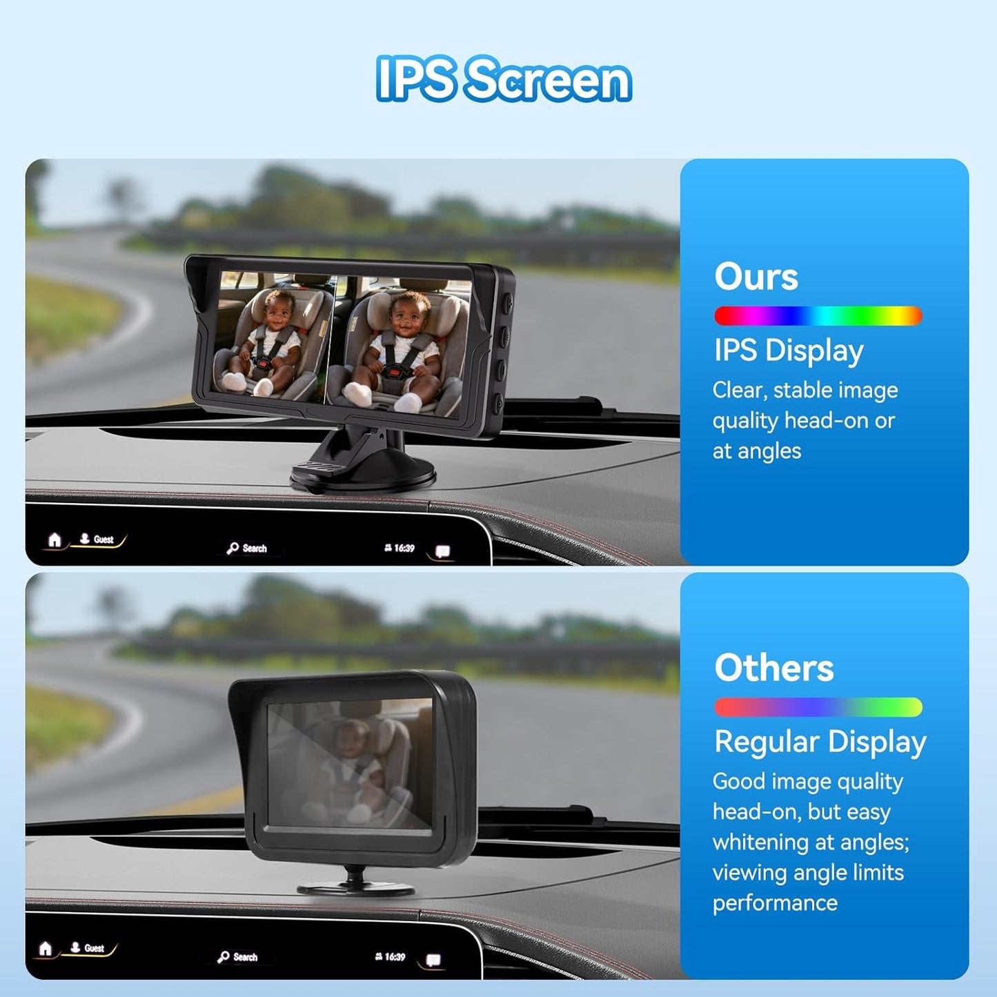 Dual Baby Car Camera for 2 Kids - 6.86 Inch IPS AHD 1080P Split Screen Monitor with 2 Backseat Cameras, Cigarette Lighter & USB Powered, IR Night Vision, 360° Rotatable, Rear-Facing Mirror