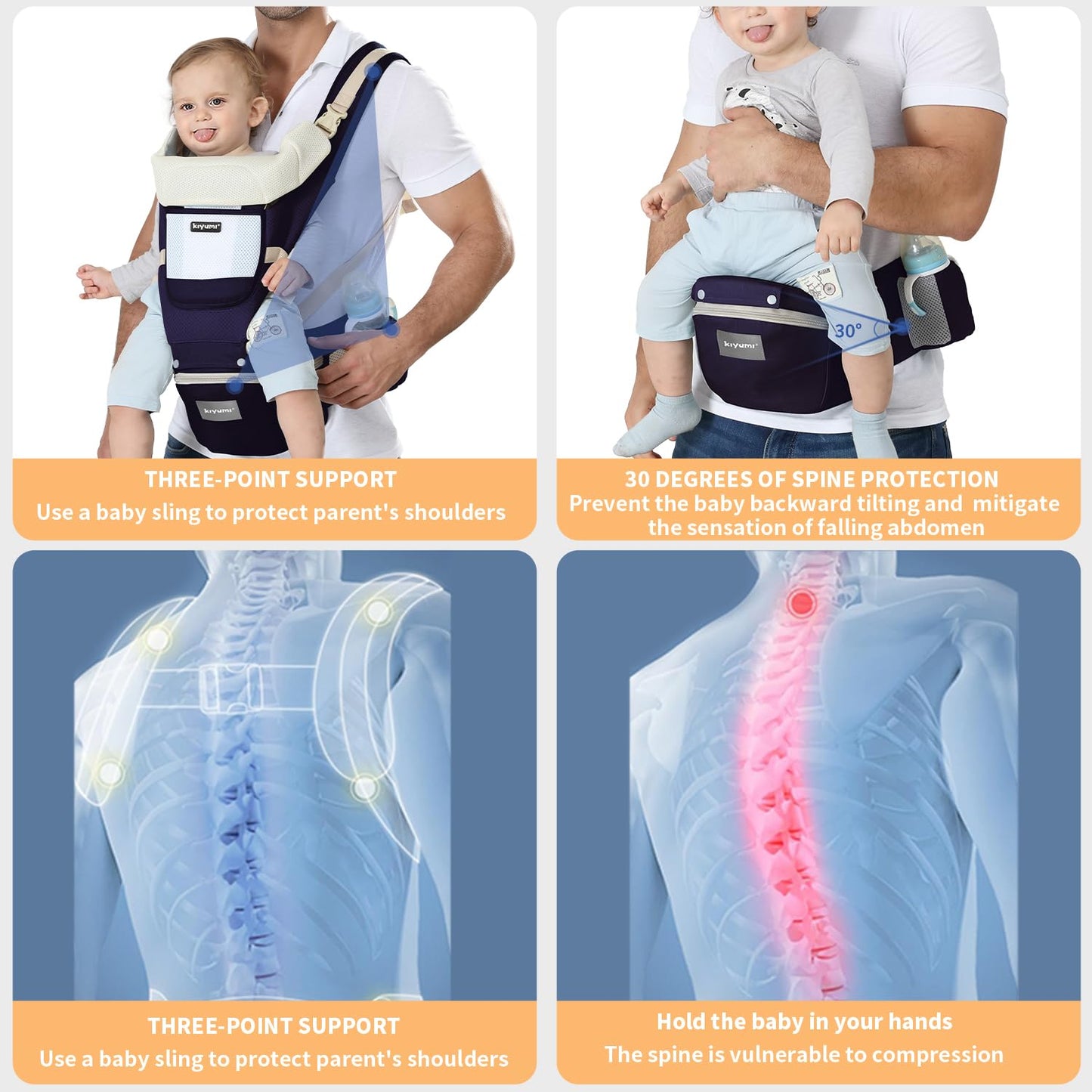 KIYUMI Baby Carrier with Hip Seat, Ergonomic M Position, Newborn to Toddler, Head Support and Breathable Mesh,Adjustable Removable 6- in-1 Baby Baby Sling Carrier (7-45 lbs) for Mom Dad,Darkblue