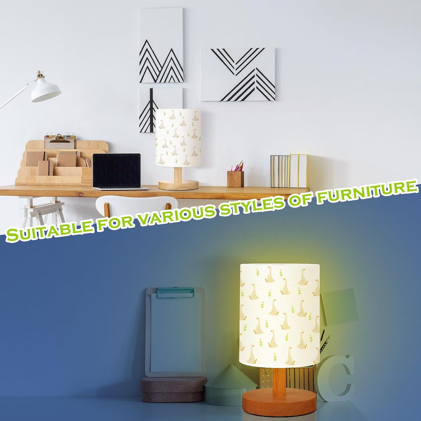 VIHOSE Silly Goose Kids Table Lamp for Bedroom Kids Bedside Lamp with Linen Wooden Nightstand Cartoon Nursery Lampshade for Girls Boys Living Room