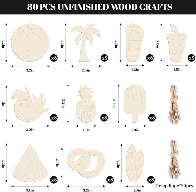 Subacy 80 PCS Unfinished Wood Cutouts 10 Styles DIY Wooden Summer Ornaments