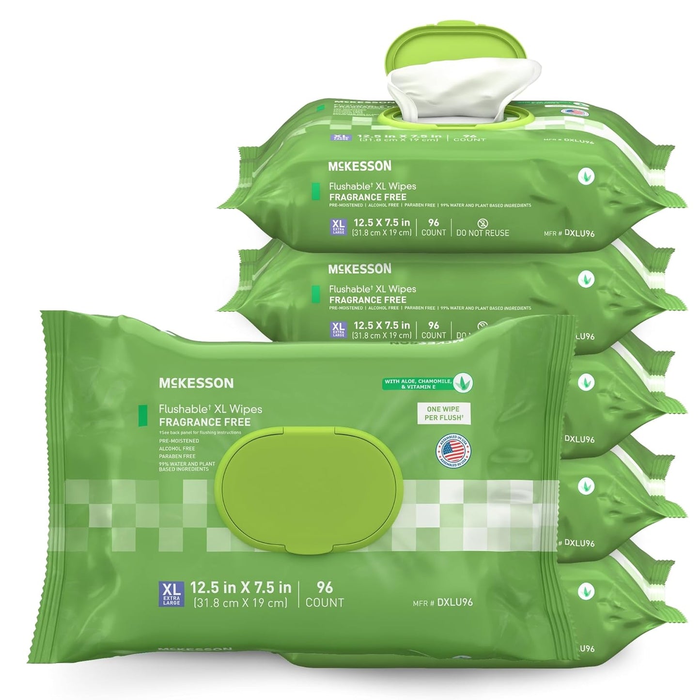 McKesson Flushable* Adult Wet Wipes XL – 576 Wipes (6 Pack of 96) – Aloe & Vitamin E, Plant-Based Cleansing Wipes, Unscented, Extra Large