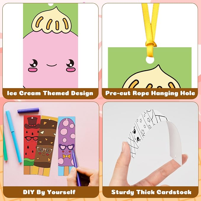 120Pcs Ice Cream Color Your Own Bookmarks