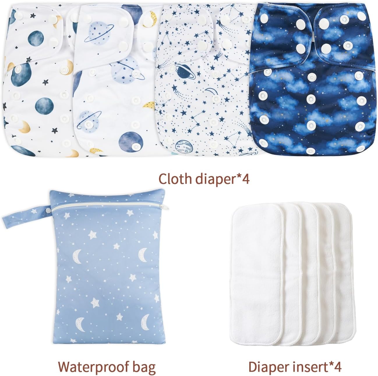 HappyFlute 9 Sets Newborn Baby Cloth Pocket Diapers Adjustable Reusable for Baby Boys and Girls(6-33 pounds,0-3 Years),One Wet Bag+4Diapers and 4Inserts (AD09)