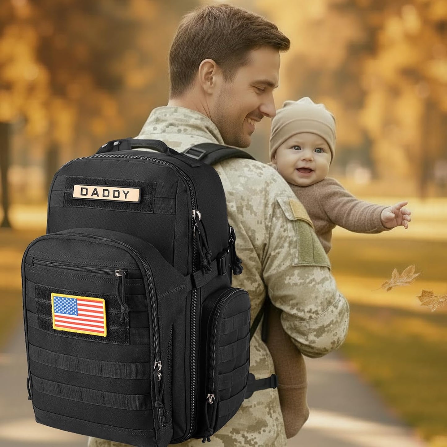 SHARKMOUTH Dad Diaper Bag Backpack - Military Baby Gear Backpacks with Daddy Patches Black