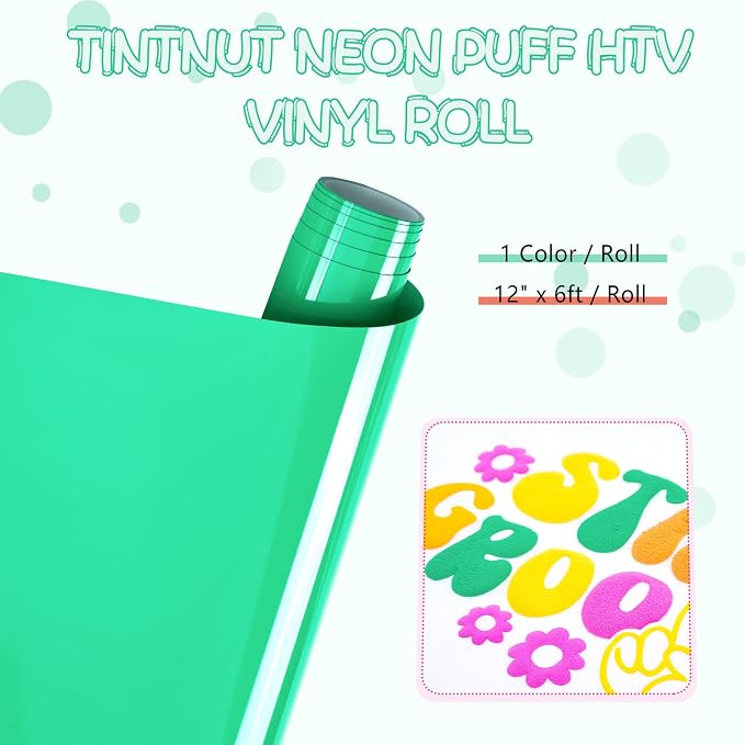 Tintnut Castleton Green Neon Puff HTV Vinyl Roll, easy cut & weed, stretch