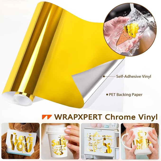 WRAPXPERT Gold Vinyl, Chrome Permanent Vinyl 12" x 5ft, Mirror Vinyl Permanent