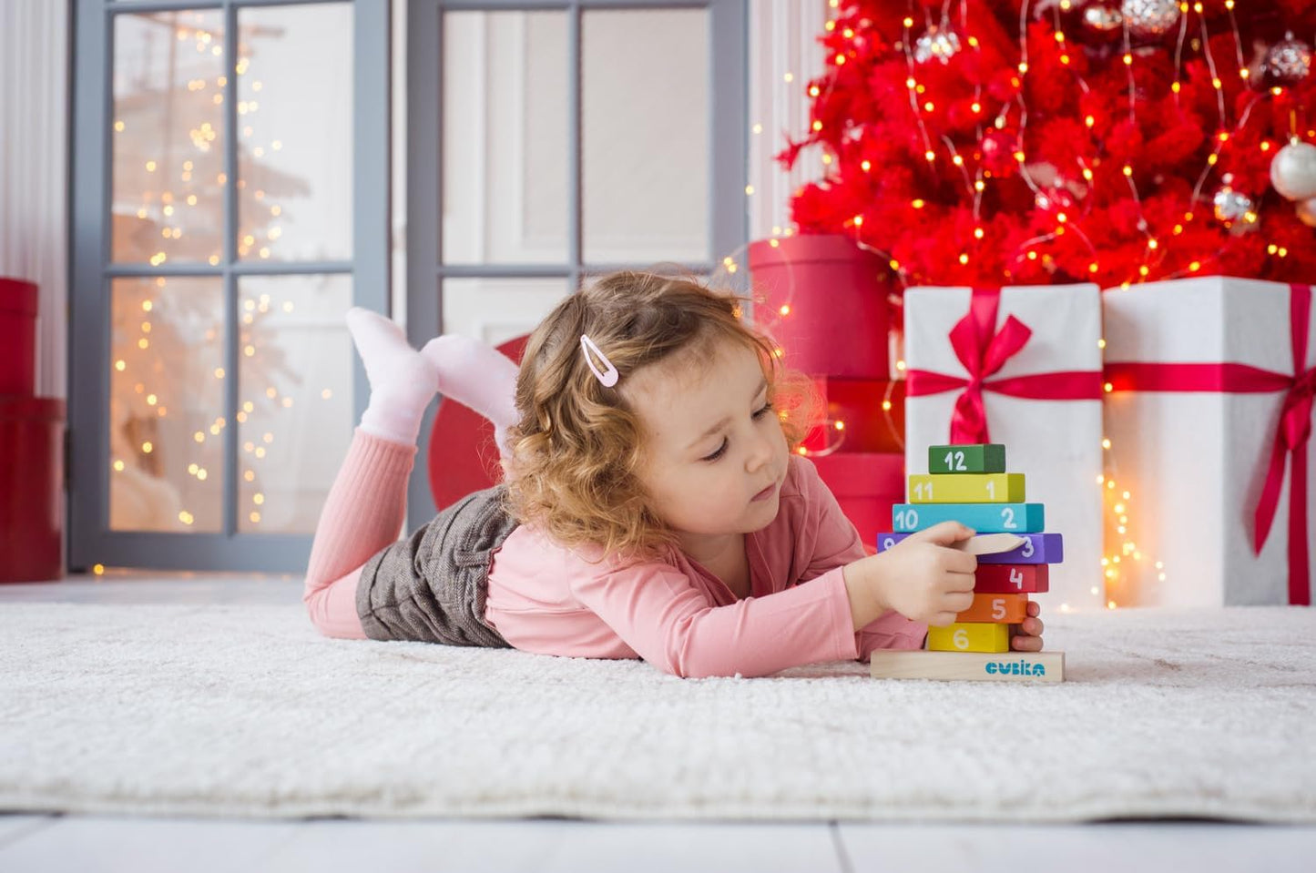 CUBIKA Wooden Clock Construction Kit – Montessori Stacking Toy for Toddlers Ages 3+ – Made from Natural Wood with Water-Based Paints – Travel-Friendly Educational Gift for Boys & Girls