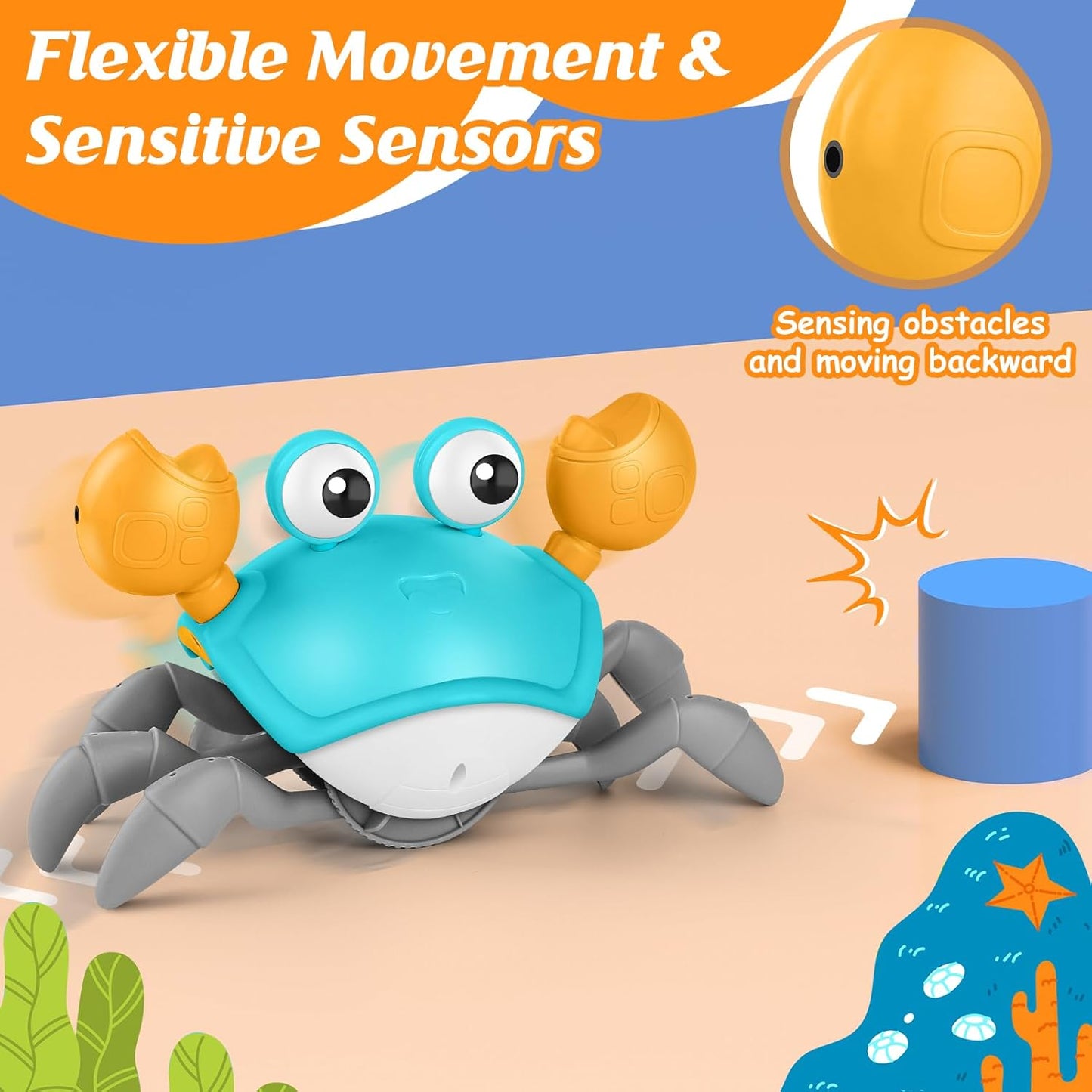 Crawling Crab Baby Toy, Upgraded Tummy Time Gifts for Newborn Babies 3-6 6-12 Month, Light-Up Walking Dancing Moving Crab with Music & Obstacle Avoidance, Rechargeable Sensory Development Toy (Green)