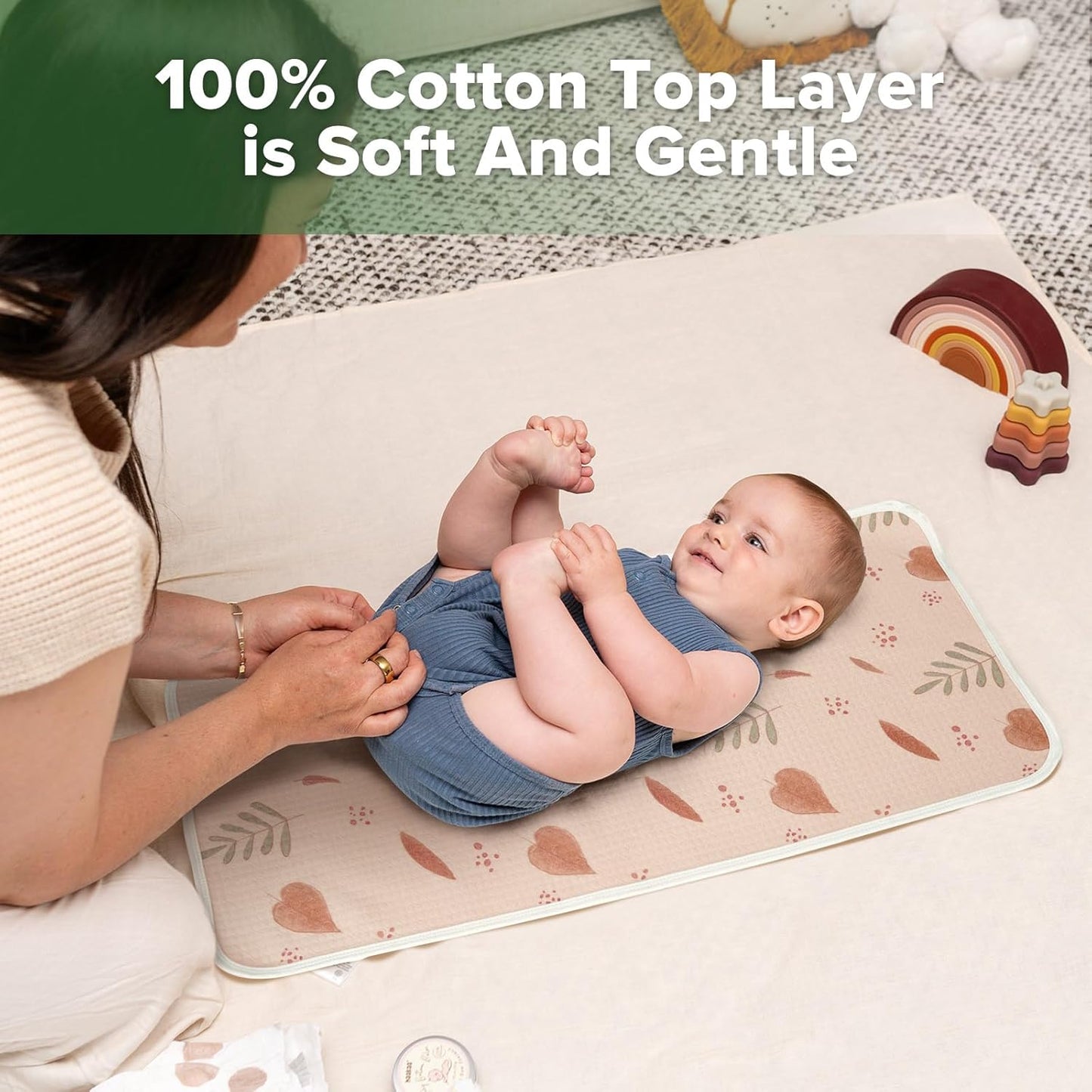 haakaa Waterproof Changing Pad Liners, 100% Cotton, Soft & Breathable (2pcs, 13" x 27.5" Velvet Bloom+Love Leaves)