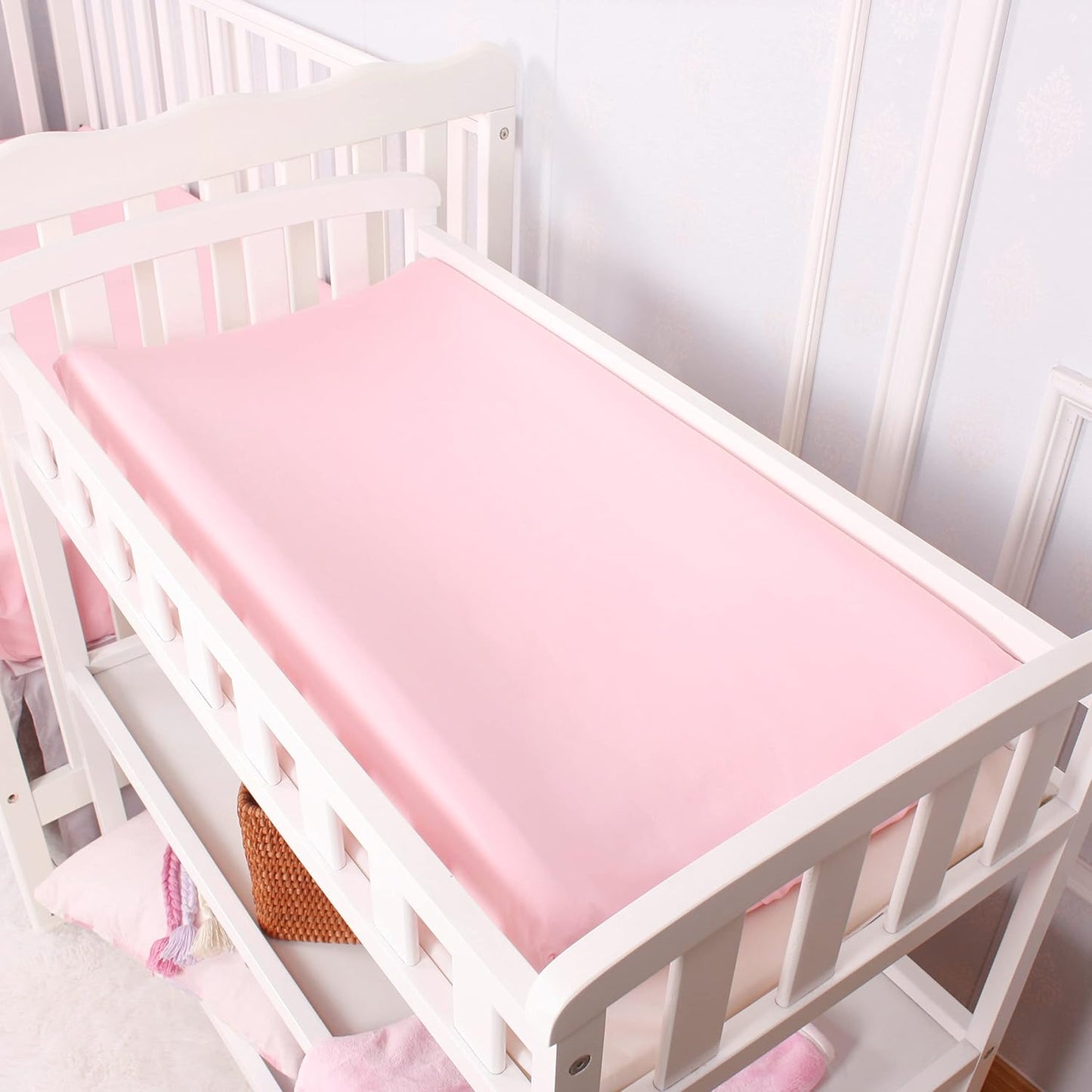 CaSaJa Diaper Changing Pad Cover for Baby Girls Set of 3, Snug Fit 4-Sided Contoured Changing Table Pad 16x31 16x32, Fitted Change Pad Sheet Gray White Pink, 100% Silky Soft Breathable Microfiber